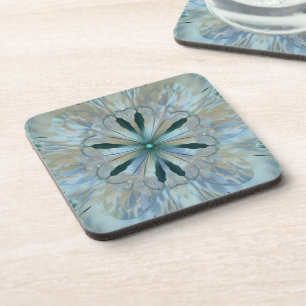 Abstract Flower Fractal Teal White Blue Grey Coaster