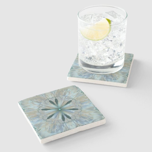 Abstract Flower Fractal Teal White Blue Grey Stone Coaster (Side)