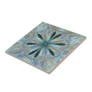 Abstract Flower Fractal Teal White Blue Grey Tile