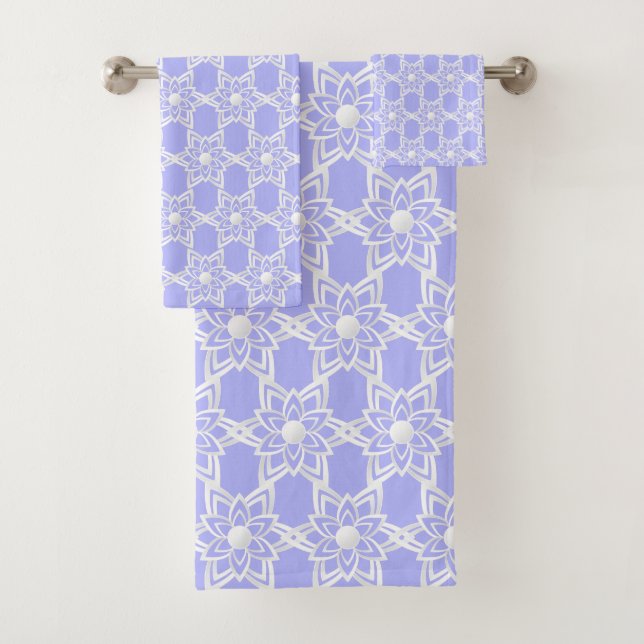 Abstract Flower Mandala Pattern on Light Blue Bath Towel Set (Insitu)