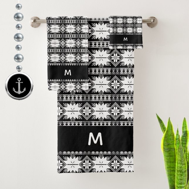 Abstract Flower Pattern on Black White Monogrammed Bath Towel Set (Creator Uploaded)
