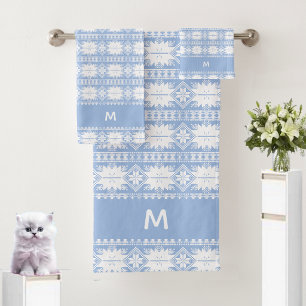 Abstract Flower Pattern on Light Blue & White  Bath Towel Set