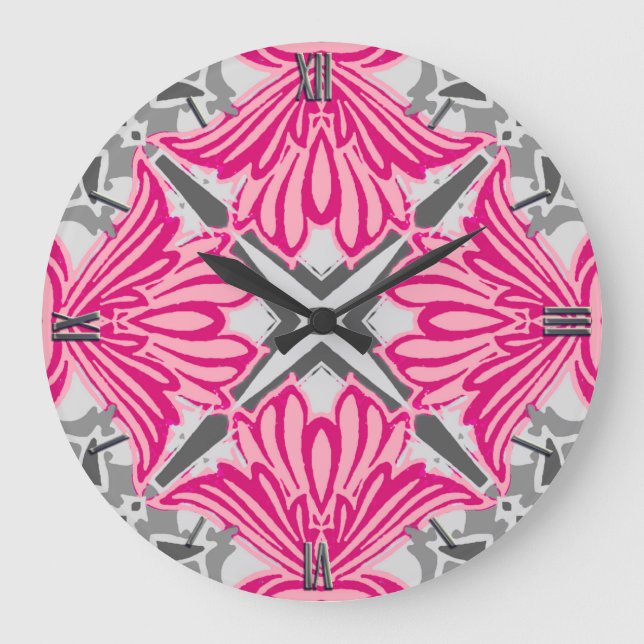 Abstract Flower Petals Fuchsia Pink and Grey  Large Clock (Front)