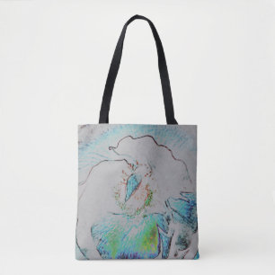 Abstract flower print in green blue green crayon tote bag