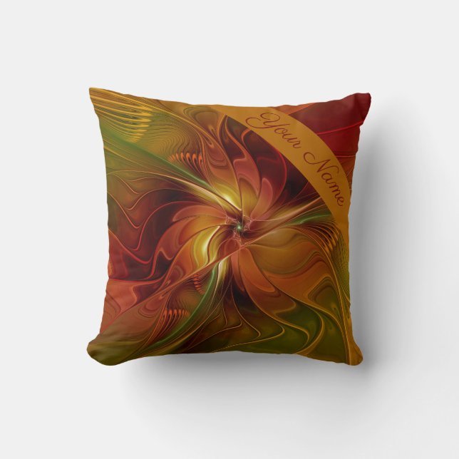 Abstract Flower Red Orange Brown Green Name Cushion (Front)