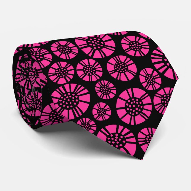 Abstract Flowers 031023 -Hot Pink on Black Tie (Rolled)