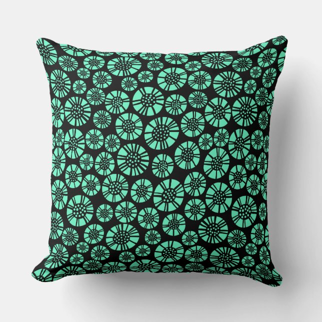 Abstract Flowers 031023 - Turquoise on Black Cushion (Front)