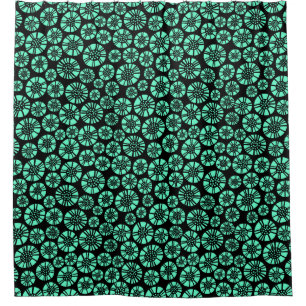 Abstract Flowers 031023 - Turquoise on Black Shower Curtain