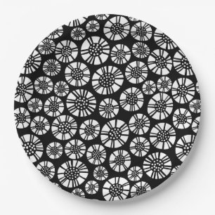 Abstract Flowers 031023 - White on Black Paper Plate
