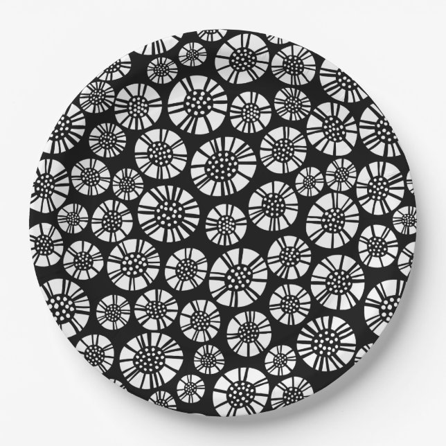 Abstract Flowers 031023 - White on Black Paper Plate (Front)