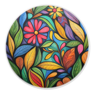 Abstract Flowers and Leaves Ceramic Knob