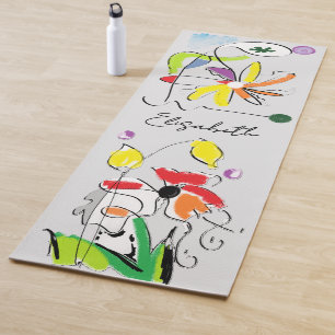 Abstract Flowers and Your name on light grey Yoga Mat