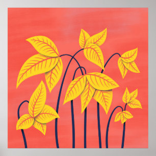 Abstract Flowers Coral Yellow Floral Geometric Art Poster