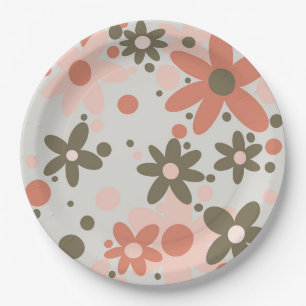 Abstract flowers in coral, peach & green paper plate