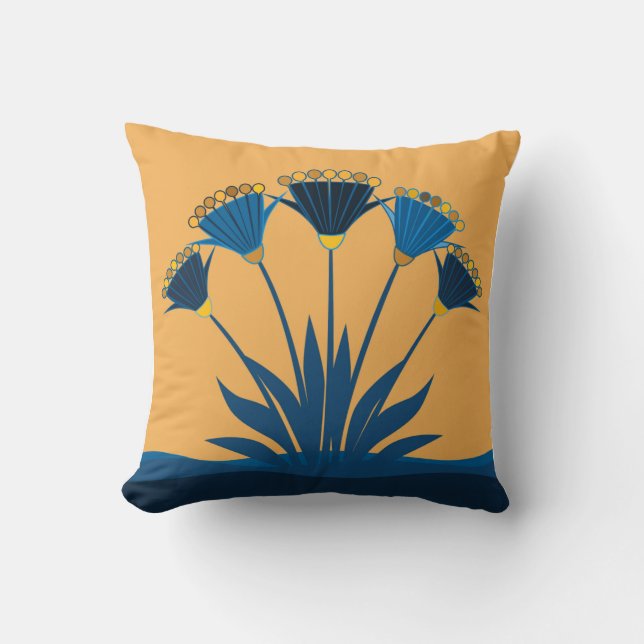 Abstract flowers, mustard yellow, navy blue, gold cushion (Front)