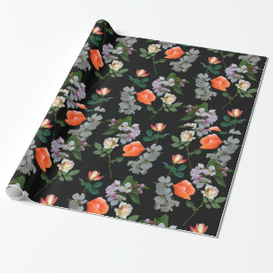 Abstract Flowers on Black Background Wrapping Pape Paper