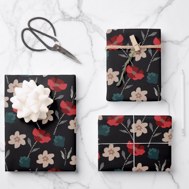 Abstract Flowers on Black Wrapping Paper Sheet (Front)