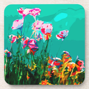 Abstract Flowers teal purple orange Coaster