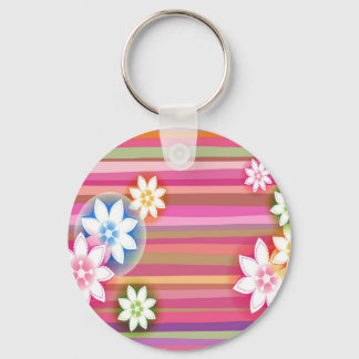 Abstract Flowers Warm Colours Pink Stripes Key Ring