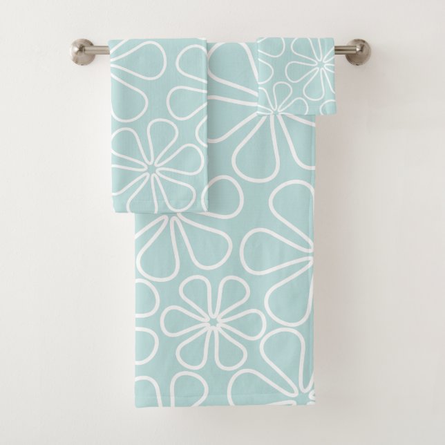Abstract Flowers White on Duck Egg Blue Bath Towel Set (Insitu)