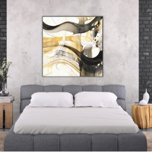 Abstract Flowing Waves in Black Gold Taupe White Canvas Print