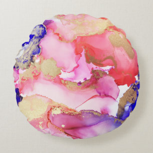 Abstract Fluid Art Purple Pink Gold Metallic Round Cushion