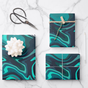 Abstract Fluid Art with Teal and black Swirls Wrapping Paper Sheet