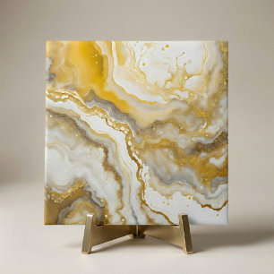 Abstract Fluid Ink Art Gold and White Marble  Tile