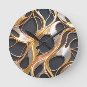 Abstract Fluid Metallic Design coloured Gold Slive Round Clock