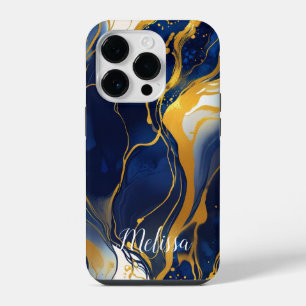 Abstract Fluid Navy Blue Gold Personalise name iPhone 14 Pro Case