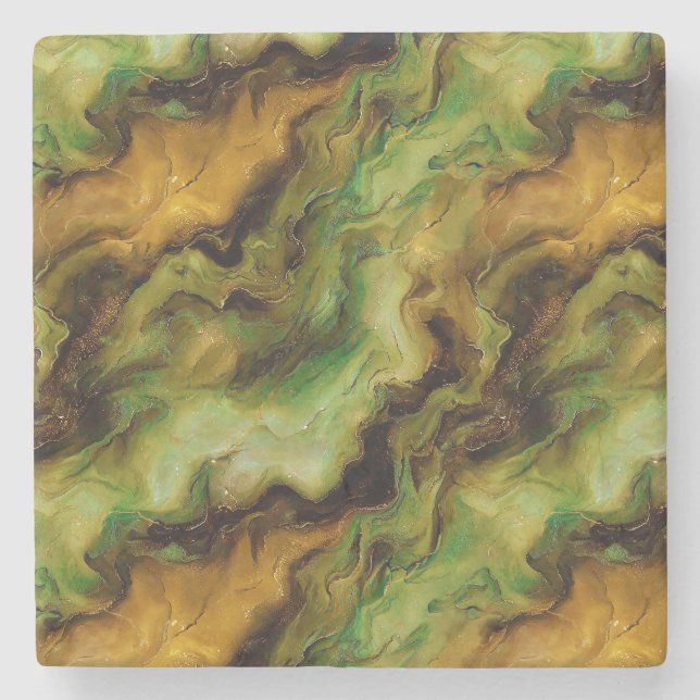 Abstract  Fluid Pattern in Green and Gold Stone Coaster (Front)