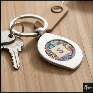Abstract Folk Art Geometric Quilt Mosaic Key Ring
