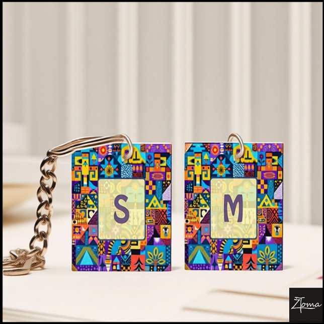 Abstract Folk Art Geometric Quilt Mosaic Key Ring (Creator Uploaded)