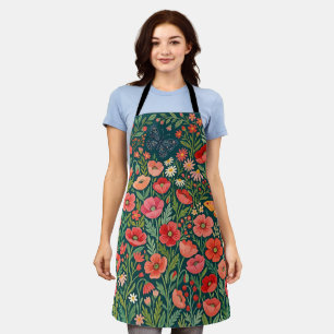 Abstract Folk Art Poppies Butterflies Apron