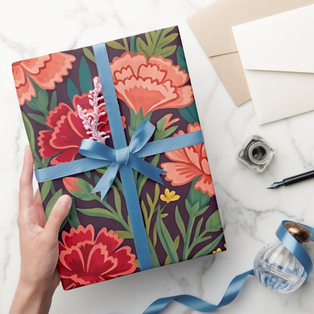 Abstract Folk Carnations Monarch Wrapping Paper (Gifting)