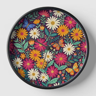 Abstract Folk Daisies Butterflies Art Clocks