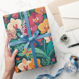 Abstract Folk Orchids Butterflies Wrapping Paper