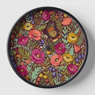 Abstract Folk Poppies Garden Butterfly Art Clocks