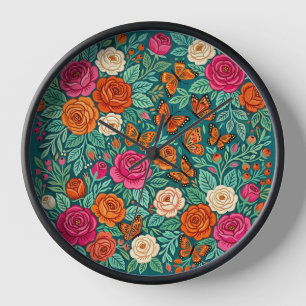 Abstract Folk Roses Butterflies Art Clocks
