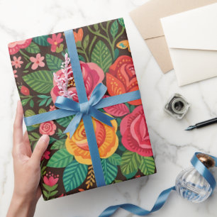 Abstract Folk Roses Butterflies Wrapping Paper