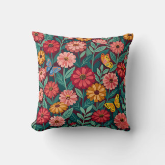 Abstract Folk Zinnias Butterflies Throw Pillow