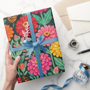 Abstract Folk Zinnias Butterflies Wrapping Paper