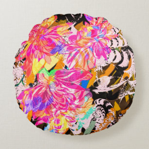Abstract foral and animal pattern black pink gold round cushion