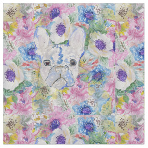 Abstract French bulldog floral watercolor paint Fabric