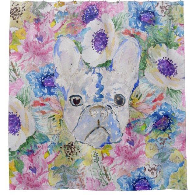 Abstract French bulldog floral watercolor paint Shower Curtain (Front)