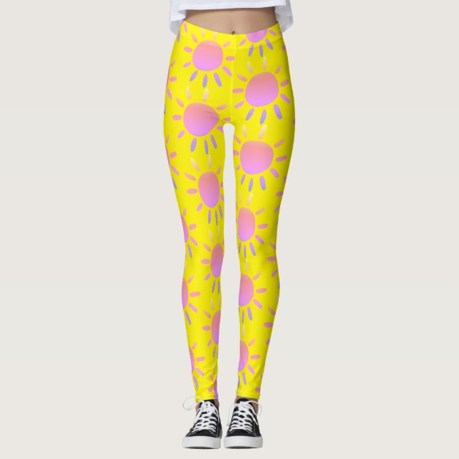 Abstract Fun Colourful Pink Sun Pattern On Yellow Leggings (Front)