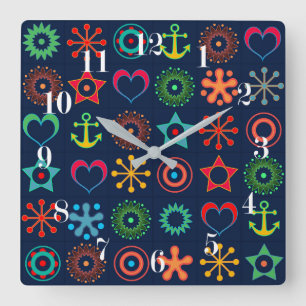 Abstract fun shapes retro design print square wall clock