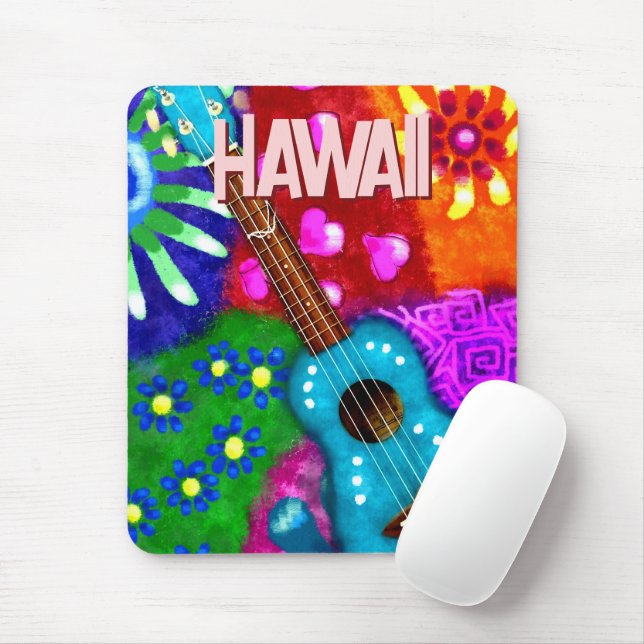 Abstract Funky Ukulele Floral Tropical Teal Purple Mouse Pad (With Mouse)
