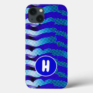 Abstract Funky Wave Pattern Blue, Green Monogramed iPhone 13 Case