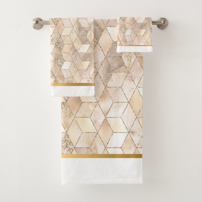 ABSTRACT GEO BLOCK GOLD BRONZE BATHROOM TOWEL SET (Insitu)